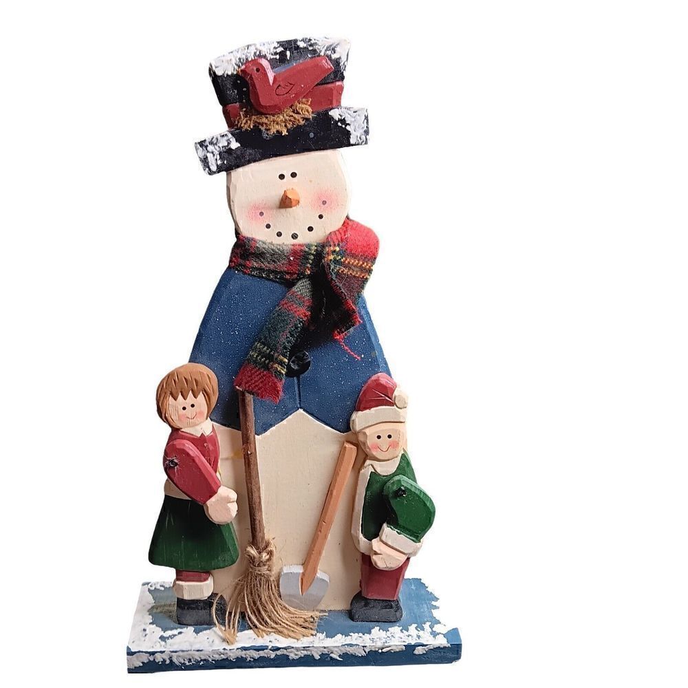 VTG Wooden Snowman Folk Art‎ Christmas Decor Cardinal Children 12 inch Tall